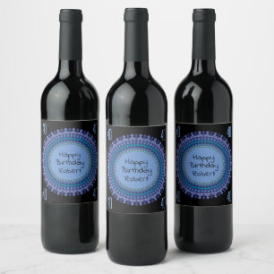 Blue Mandala Birthday Party Add Name Wine Label