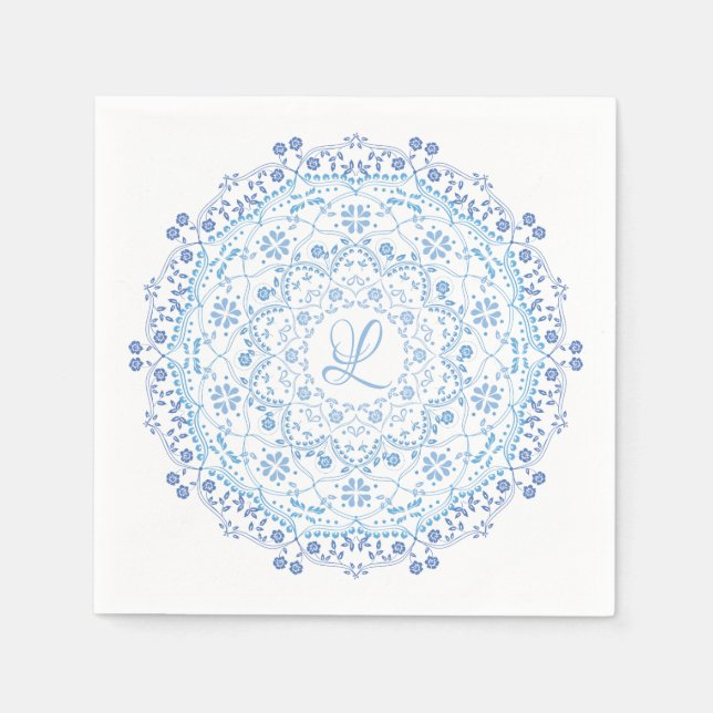Blue Mandala Editable Initial Paper Napkin (Front)