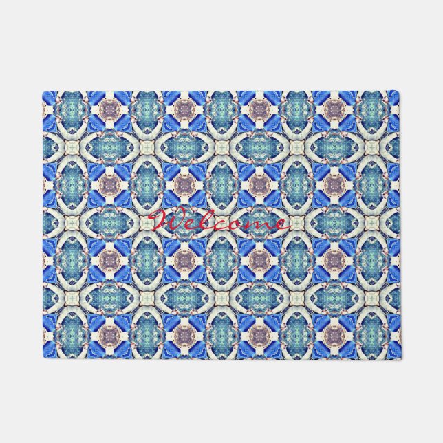 Blue mandala hearts pattern Thunder_Cove Doormat (Front)