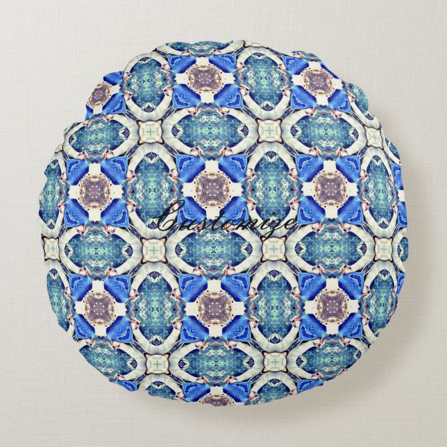 Blue mandala hearts pattern Thunder_Cove Round Cushion (Front)