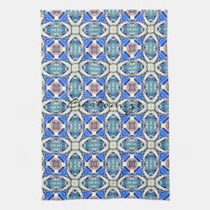 Blue mandala hearts pattern Thunder_Cove Tea Towel