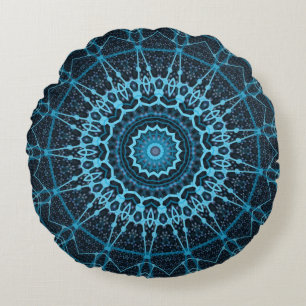 Blue Mandala Net Retro Hippie Trippy Boho Chic Round Cushion