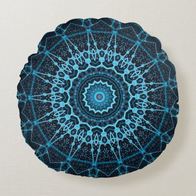 Blue Mandala Net Retro Hippie Trippy Boho Chic Round Cushion (Front)