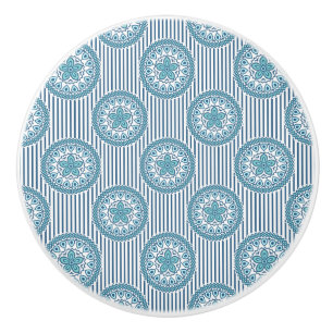 Blue mandala pattern on striped background ceramic knob