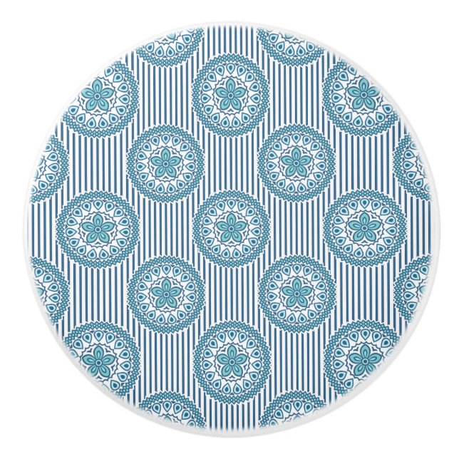 Blue mandala pattern on striped background ceramic knob (Front)