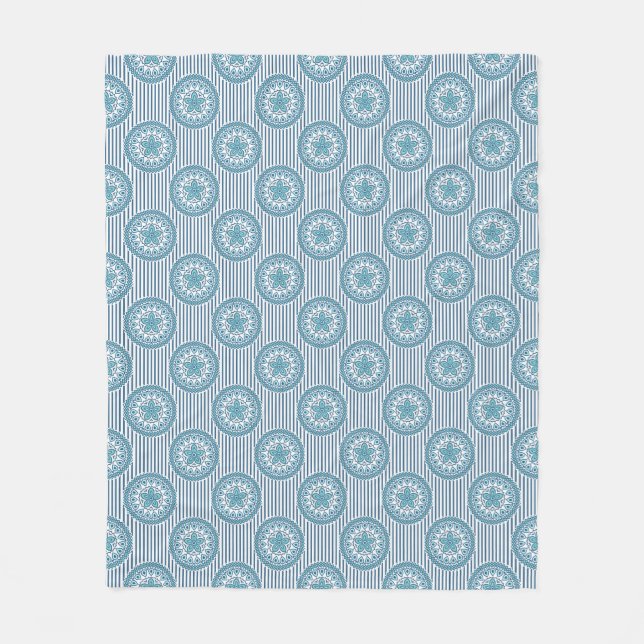 Blue mandala pattern on striped background fleece blanket (Front)
