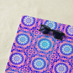 Blue Mandala Pattern Pink Boho Beach Towel