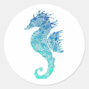Blue Mandala Pattern Seahorse Classic Round Sticker