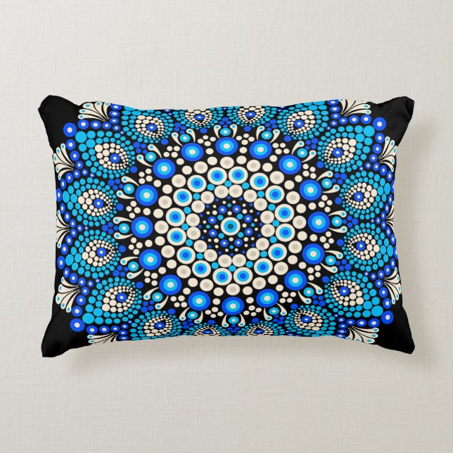 Blue Mandala Pattern Throw Pillow Boho Decorative  (Front)