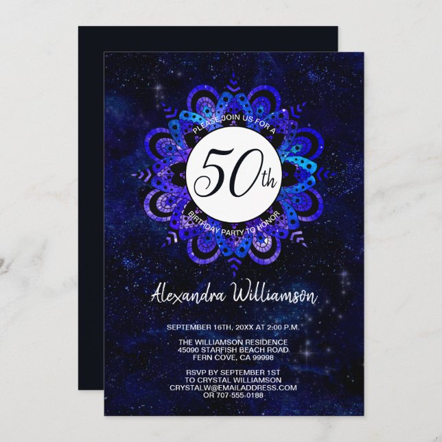 Blue Mandala Space Stars Boho 50th Birthday Party Invitation (Front/Back)