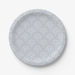 Blue mandala waves pattern on white background paper plate