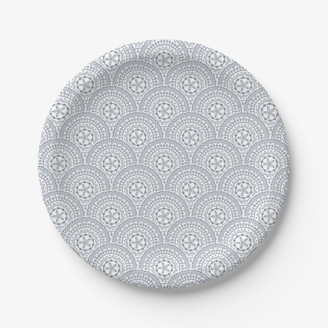 Blue mandala waves pattern on white background paper plate (Front)