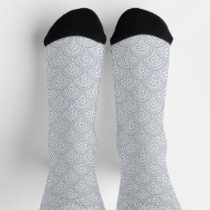Blue mandala waves pattern on white background socks