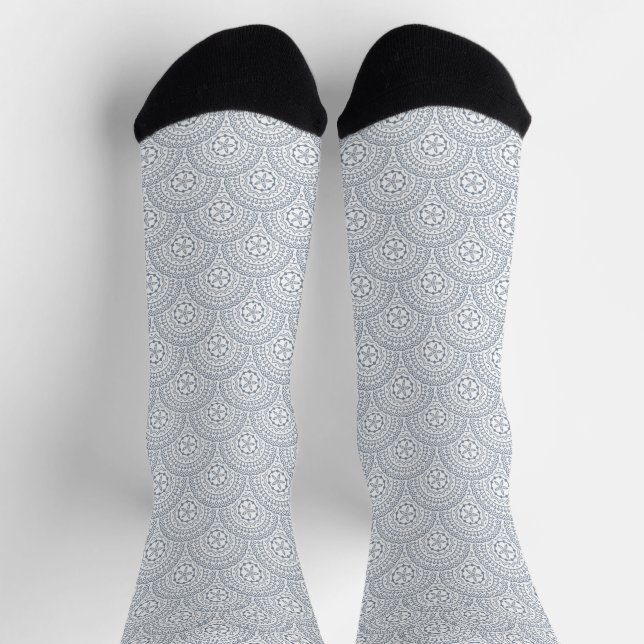 Blue mandala waves pattern on white background socks (Top)