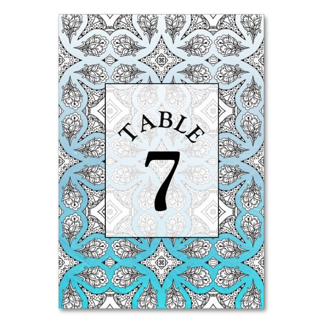 Blue Mandala Wedding Table Number Card (Front)