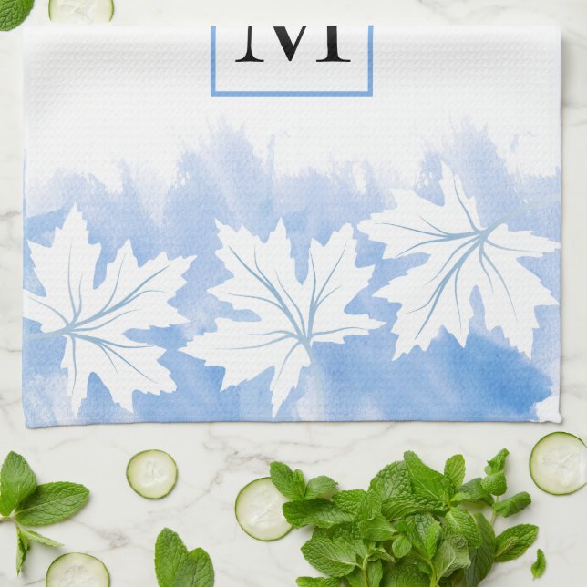 Blue maple leaf watercolor wash and monogram tea towel (Folded)