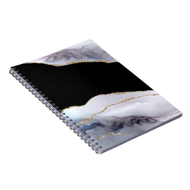 Blue Marble Agate Black Golden Glitter Accents Notebook (Right Side)