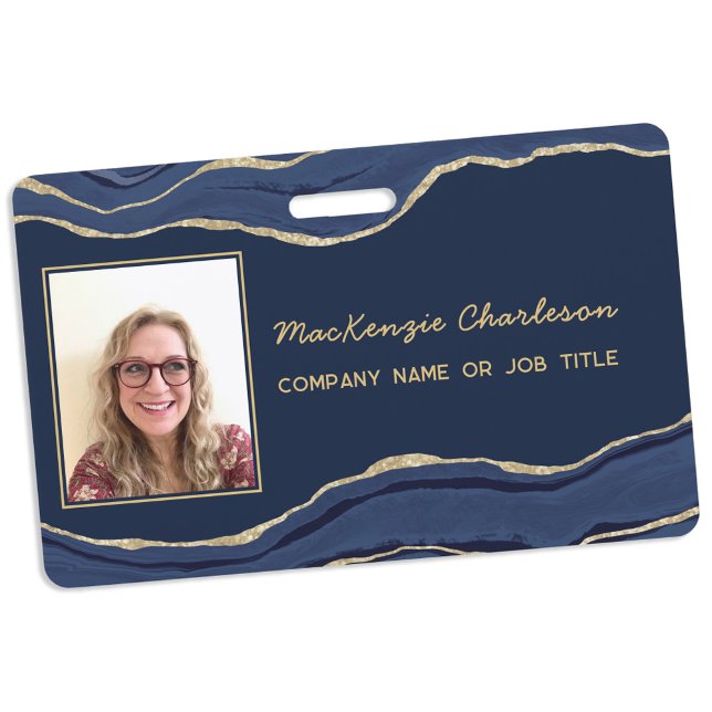 Blue Marble Agate Geode Business Photo ID Name Badge (Navy blue gold agate marble geode business photo name tag)