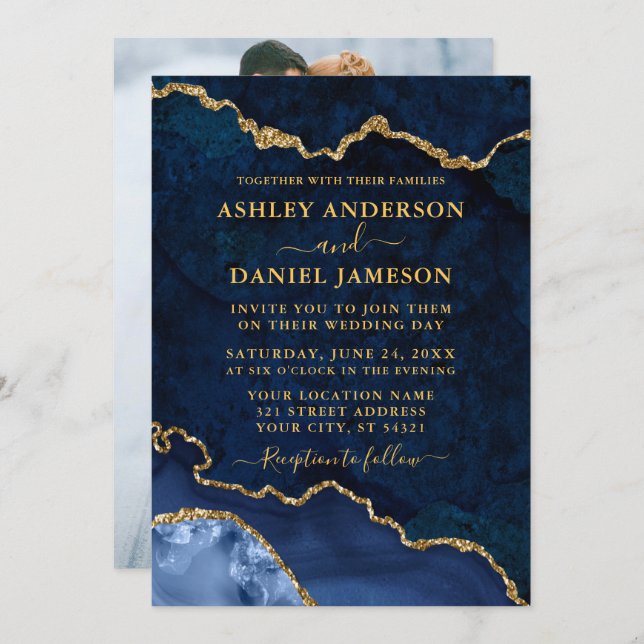 Blue Marble Agate Geode Photo Wedding Gold Invitation (Front/Back)