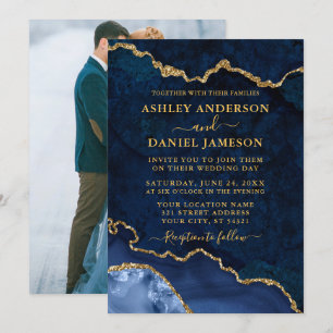 Blue Marble Agate Geode Photo Wedding Gold Invitation