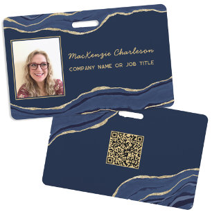 Blue Marble Agate Geode QR Code Photo ID Name Badge