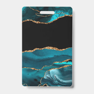 Blue Marble Agate Glamourous Black Golden Glitters ID Badge