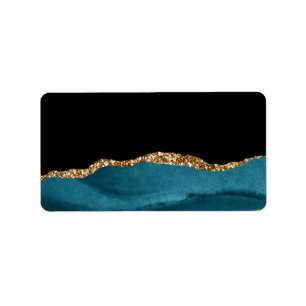 Blue Marble Agate Glamourous Black Golden Glitters Label