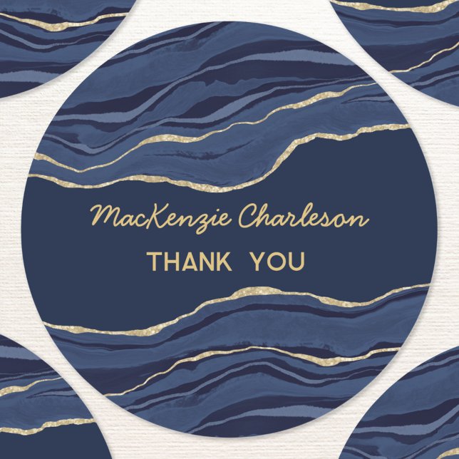 Blue Marble Agate Gold Geode Thank You Business Classic Round Sticker (Navy blue gold marble agate geode personalized thank you sticker)