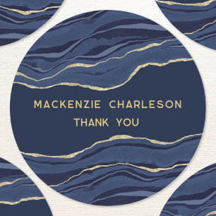 Blue Marble Agate Gold Geode Thank You Business Classic Round Sticker