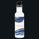 Blue Marble Agate Gold Glitter Personalised 710 Ml Water Bottle<br><div class="desc">Indigo blue watercolor agate marble design with faux gold glitter detail.  Change the name to customise.</div>