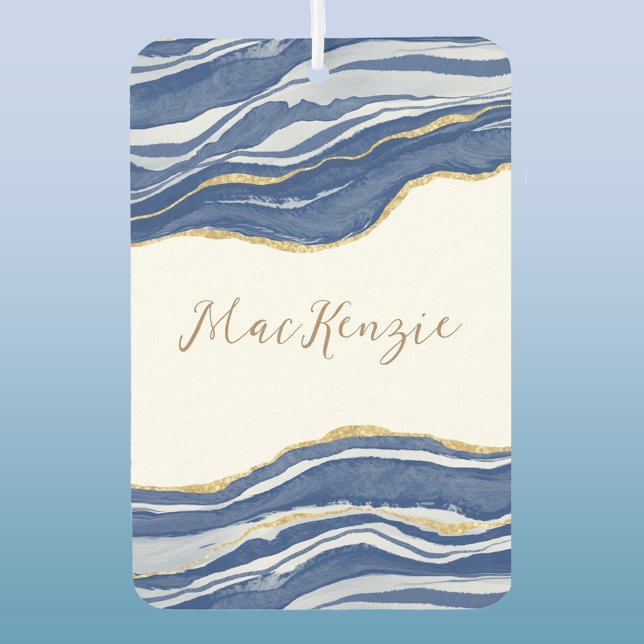 Blue Marble Agate Gold Glitter Personalised Car Air Freshener (Blue agate geode marble gold glitter personalized name car air freshener)