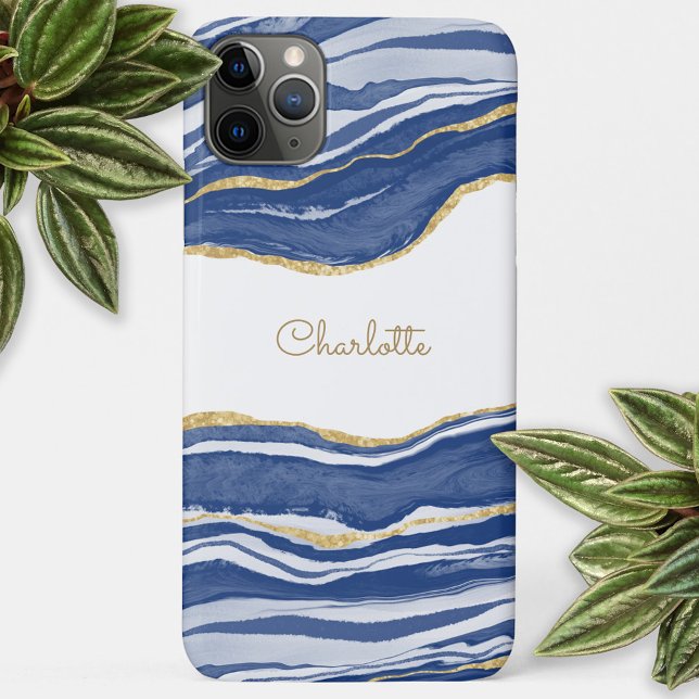 Blue Marble Agate Gold Glitter Personalised Case-Mate iPhone Case (Agate marble watercolor with faux gold glitter personalized name cell phone case)