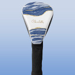 Blue Marble Agate Gold Glitter Personalised Golf Head Cover<br><div class="desc">Indigo blue watercolor agate marble design with faux gold glitter detail.  Change the name to customise.</div>
