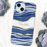 Blue Marble Agate Gold Glitter Personalised iPhone 15 Case<br><div class="desc">Indigo navy blue watercolor agate marble design with faux gold glitter detail.  Change the name to customise.</div>