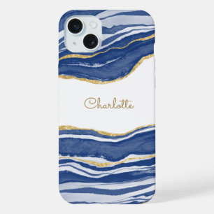 Blue Marble Agate Gold Glitter Personalised iPhone 15 Plus Case