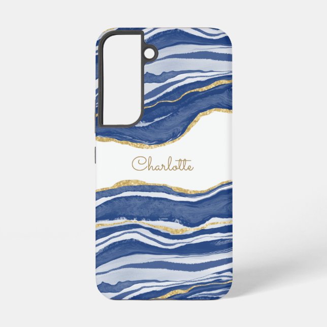 Blue Marble Agate Gold Glitter Personalised Samsung Galaxy S22 Case (Back)