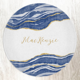 Blue Marble Agate Gold Glitter Personalized Cutting Board