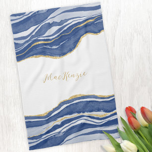 Blue Marble Agate Gold Glitter Personalized Tea Towel