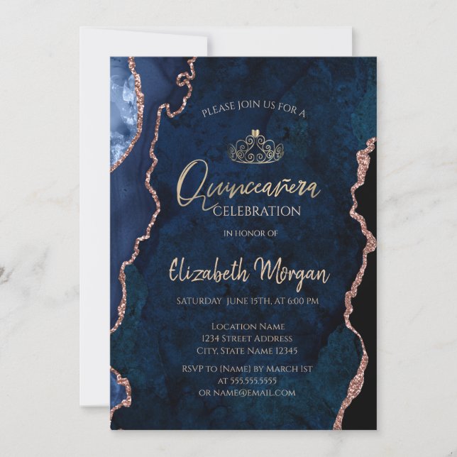 Blue Marble Agate Rose Gold Tiara Quinceañera  Invitation (Front)