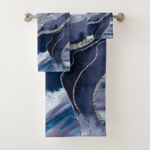 Blue Marble Agate Silver Glitter Glam #1 Bath Towel Set