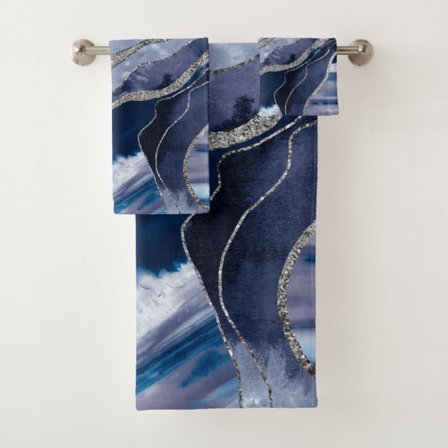 Blue Marble Agate Silver Glitter Glam #1  Bath Towel Set (Insitu)