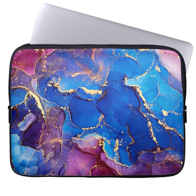 BLUE MARBLE AGATE SILVER GLITTER GLAM LAPTOP SLEEVE (Front)