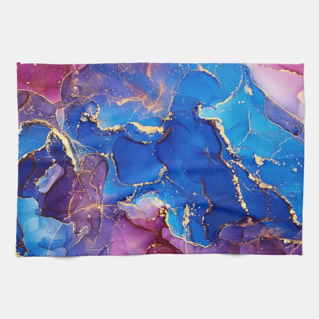 BLUE MARBLE AGATE SILVER GLITTER GLAM TEA TOWEL (Horizontal)