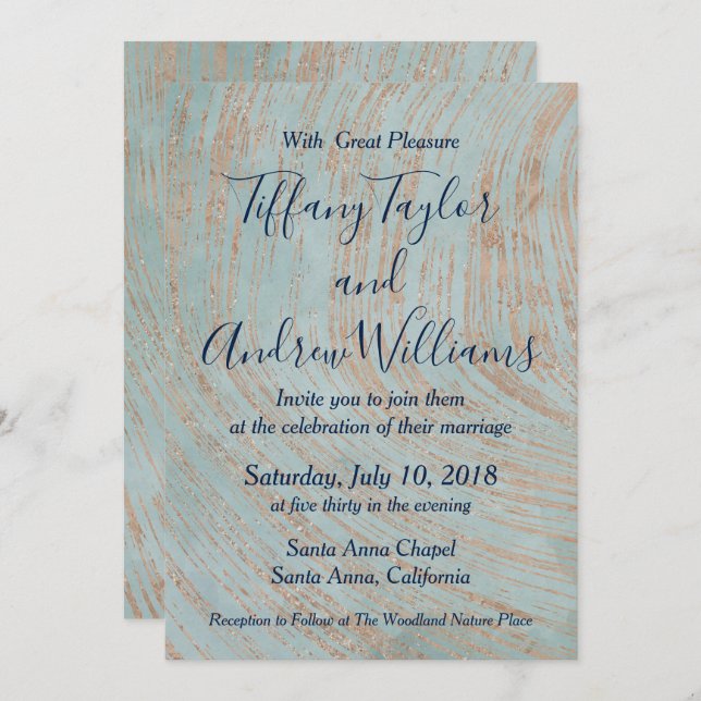 Blue Marble and Copper Wedding Invitation (Front/Back)