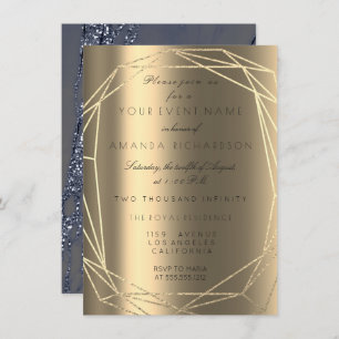 Blue Marble Bridal Birthday Diamond Frame Gold Invitation