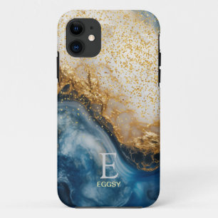 Blue marble chic gold glitter monogram Case-Mate iPhone case