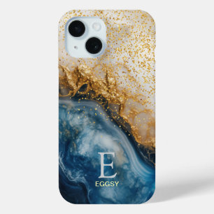 Blue marble chic gold glitter monogram iPhone 15 case