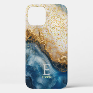 Blue marble chic gold glitter monogram iPhone 12 case