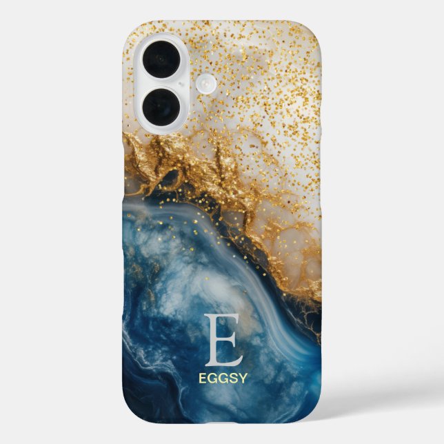 Blue marble chic gold glitter monogram Case-Mate iPhone case (Back)