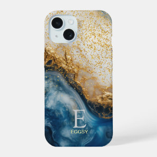 Blue marble chic gold glitter monogram iPhone 15 case